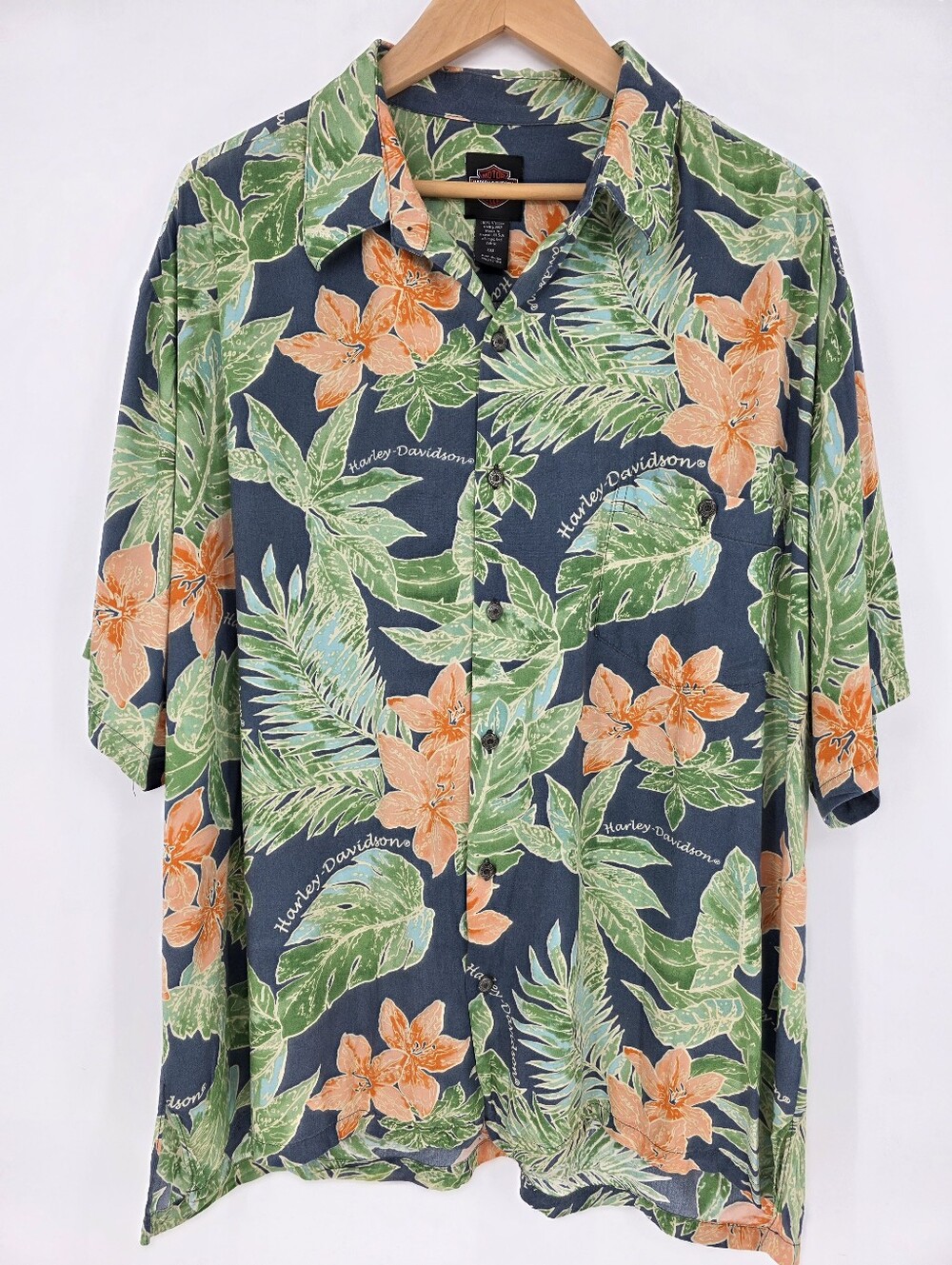 Harley Davidson Hawaiian Shirt 2XL Tropical Floral Viscose Camp Shirt